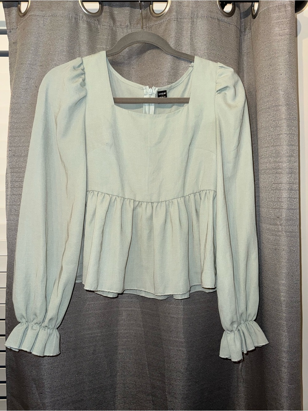 SHEIN Light Mint Puff-Sleeve Peplum Long Sleeve Top